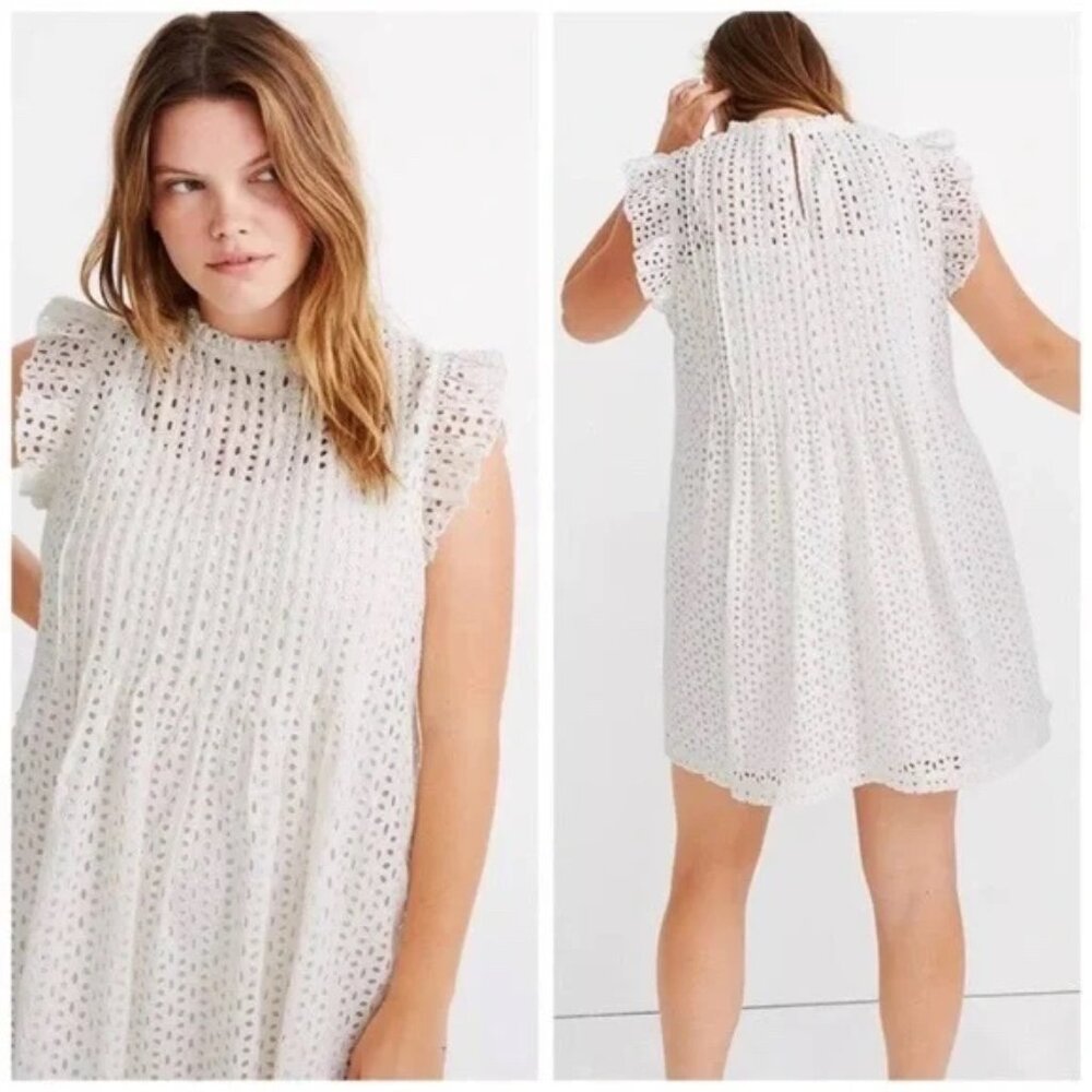 Madewell White Eyelet Ruffle‎ Sleeve Pintuck Minidress Small